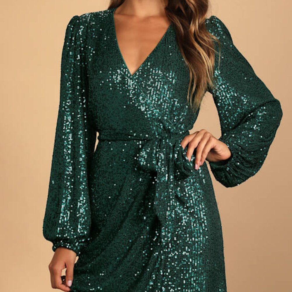 Lulus Sparkly Darling Emerald Green Sequin Long Sleeve Wrap Dress - Size S